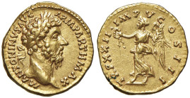 Marco Aurelio (161-180) Aureo - Testa laureata a d. - R/ La Vittoria andante a s. con corona e ramo di palma - RIC 194 AU (g 7,23)

Status: SPL