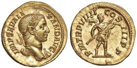 Alessandro Severo (222-235) Aureo - Testa laureata a d. - R/ L'imperatore andante a d. - RIC 103 AU (g 6,07) Conservazione eccezionale

Status: FDC