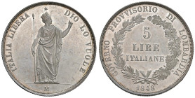 COLLEZIONE A.S. MILANO Governo provvisorio (1848) 5 Lire 1848 Rami lunghi - Gig. 5e AG (g 25,00) RR Lievi hairlines su fondi lucenti ma comunque un ve...