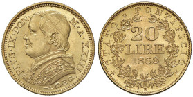 COLLEZIONE A.S. Pio IX (1846-1878) 20 Lire 1868 A. XXIII - Nomisma 848 AU (g 6,44) Esemplare di conservazione eccezionale

Status: FDC