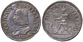 FERRARA Alfonso I (1505-1534) Quarto col busto imberbe e titolo di duca di Ferrara - Bellesia 4/C; MIR 270 AG (g 9,33) RR Esemplare di buona qualità c...