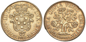 LIVORNO Cosimo III (1670-1723) Pezza d'oro della rosa 1718 - MIR 69/3 AU (g 6,88) RRR Modesta screpolatura al bordo ma ottimo esemplare

Status: SPL...