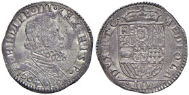 MILANO Filippo III (1598-1621) Denaro da 10 soldi 1604 - MIR 345 AG (g 3,49) RR Porosità presente al D/. Esemplare di altissima qualità

Status: qFD...