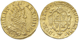 MILANO Filippo IV (1621-1665) Quadrupla 1630 - cfr. MIR 359/7 AU (g 13,21) RRR Variante piu' rara della tipologia datata 1630. Screpolature di conio a...