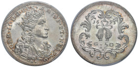 NAPOLI Carlo II (1674-1700) Mezzo ducato 1693 - Nomisma 36 AG In slab PCGS MS 64 cod. 40174671. Conservazione eccezionale. Esemplare con fondi dal mag...