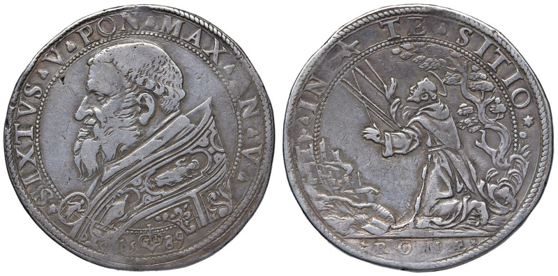 Sisto V (1585-1590) Piastra 1589 A. V - Munt. 7a AG (g 31,69) RR Piccola mancanz...