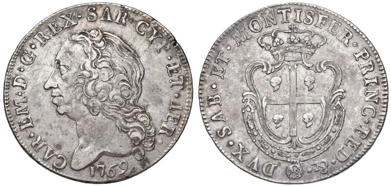 Carlo Emanuele III (1730-1773) Scudo sardo 1769 - Nomisma 242 AG (g 23,45) RR Es...