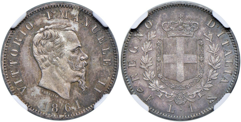 Vittorio Emanuele II (1861-1878) Lira 1861 F - Nomisma 909 AG RR In slab NGC MS ...
