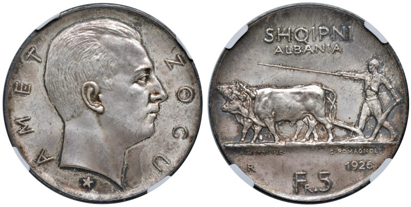ALBANIA Zog (1925-1939) 5 Franga 1926 stella sotto - KM 8.2 AG In slab NGC MS 64...