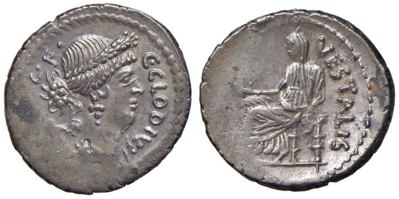 Clodia - C. Clodius Vestalis - Denario (41 a.C.) Testa diademata di Flora a d. -...