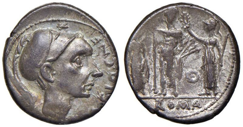 Cornelia - Cn. Cornelius Cn. f. - Denario (112-111 a.C.) Testa maschile elmata a...