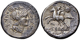 Sergia - M. Sergius Silus - Denario (116-115 a.C.) Testa di Roma a d. - R/ Cavaliere a s. con la spada sguainata - B. 1; Cr. 286/1 AG (g 3,86) Corrosi...