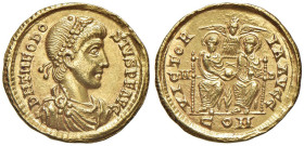 Teodosio (379-395) Solido (Mediolanum) - Busto diademato a d. - R/ Due imperatori seduti in trono di fronte, dietro, la Vittoria - RIC 8b AU (g 4,40)...