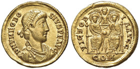 Teodosio (379-395) Solido (Mediolanum) - Busto diademato a d. - R/ Due imperatori seduti in trono di fronte, dietro, la Vittoria - RIC 5f AU (g 4,48)...