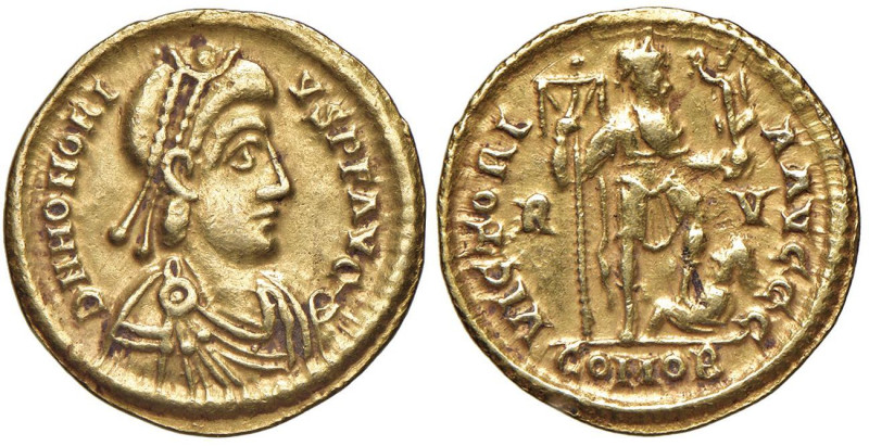 Onorio (393-423) Solido (Ravenna) Busto diademato a d. - R/ L'imperatore stante ...