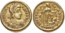 Onorio (393-423) Solido (Ravenna) Busto diademato a d. - R/ L'imperatore stante a d. con labarum - RIC 1287 AU (g 4,49) Modeste macchie al R/

Statu...