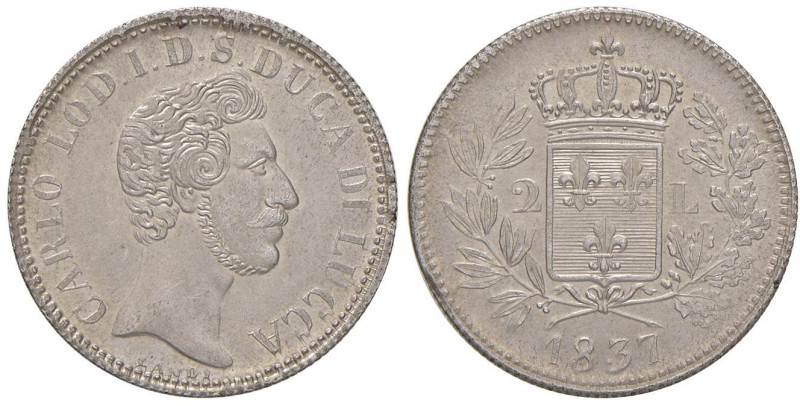 LUCCA Carlo Lodovico di Borbone (1824-1847) 2 Lire 1837 - MIR 258 AG (g 9,74) Co...