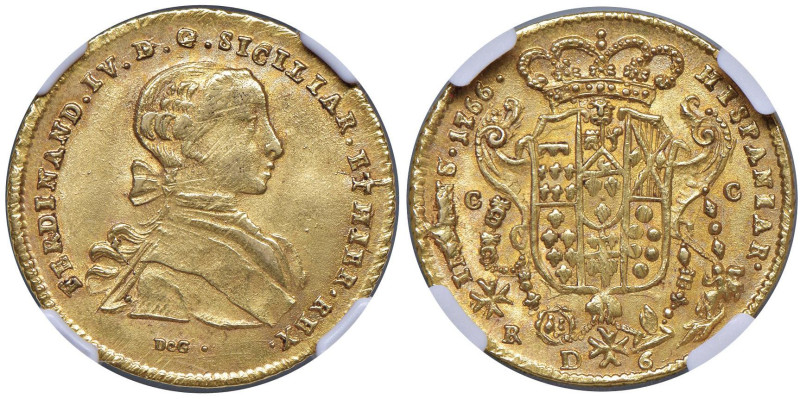 NAPOLI Ferdinando IV (1759-1799) 6 Ducati 1766 - Nomisma 346 AU In slab NGC MS 6...