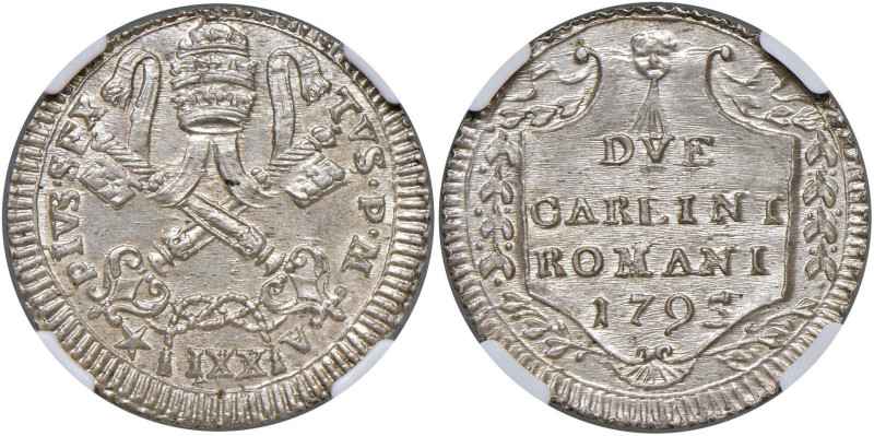 Pio VI (1775-1799) 2 Carlini 1795 A. XXI - Munt. 80b AG In slab NGC MS 64 277151...