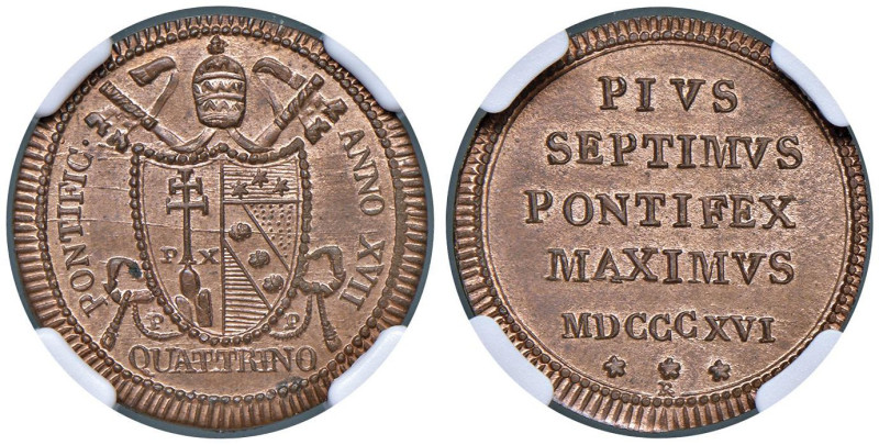 Pio VII (1800-1823) Quattrino 1816 A. XVII - Nomisma 297 CU In slab NGC MS 64 RB...