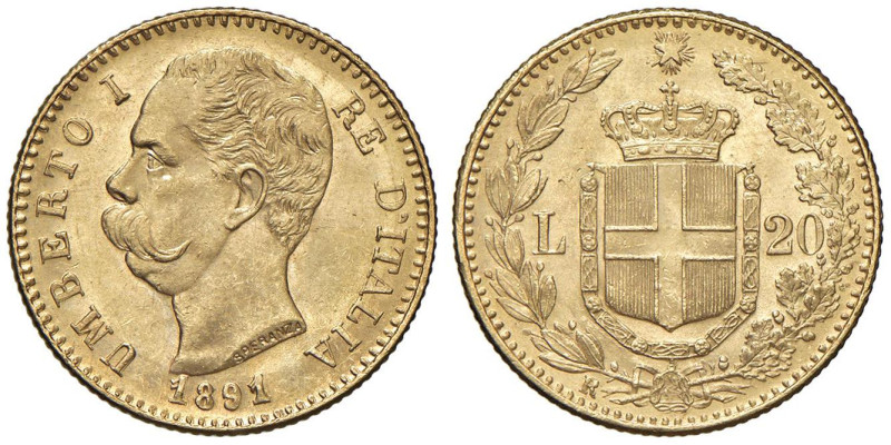 Umberto I (1878-1900) 20 Lire 1891 - Nomisma 989 AU Entrambi 1 ribattuti su 1
...