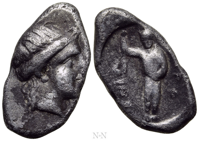 GREEK. Uncertain. Hemidrachm (Circa 4th-3rd century BC). 

Obv: Head of young ...