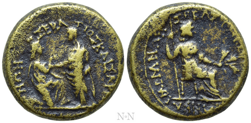 LYDIA. Sardeis. Tiberius with Livia (14-37). Ae. Ioulios Kleon and Memnon, magis...