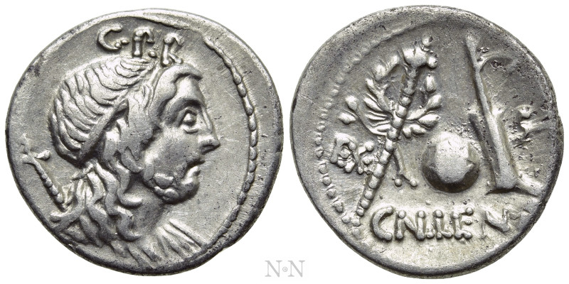 CN. LENTULUS. Denarius (76-75 BC). Spain. 

Obv: C P R. 
Diademed and draped ...