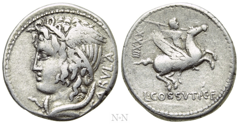 L. COSSUTIUS C.F. SABULA. Denarius (72 BC). Rome. 

Obv: SABVLA. 
Winged head...