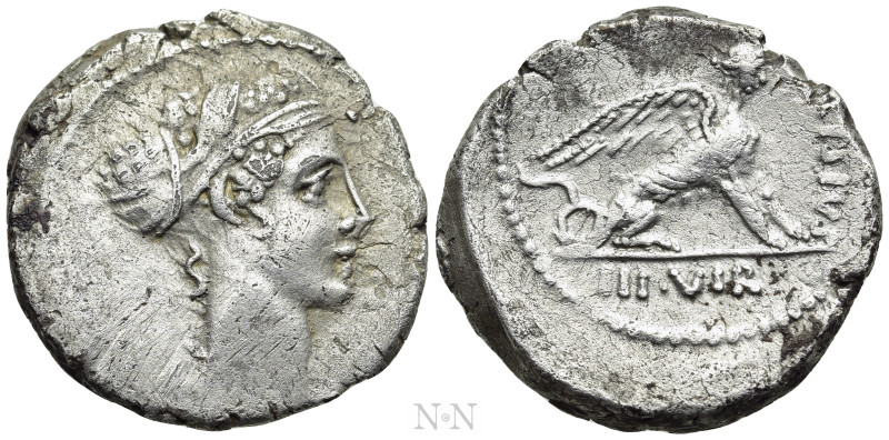 T. CARISIUS. Denarius (46 BC). Rome. 

Obv: Head of Sibyl Herophile right.
Re...