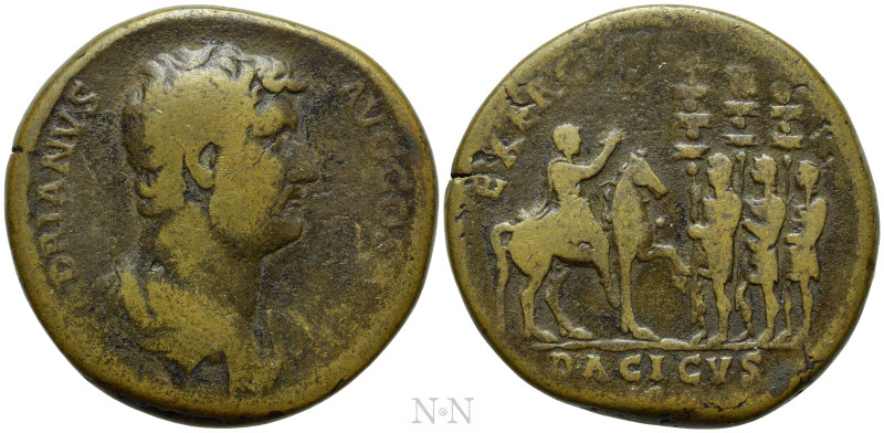 HADRIAN (117-138). Sestertius. Rome. 

Obv: HADRIANVS AVG COS III P P. 
Bareh...