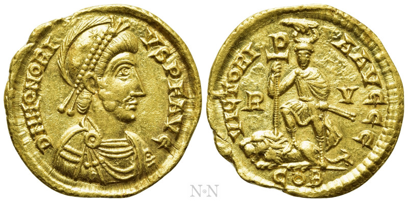 HONORIUS (393-423). GOLD Solidus. Ravenna. 

Obv: D N HONORIVS P F AVG. 
Diad...