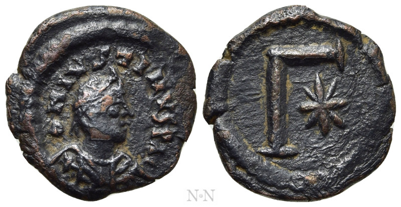 JUSTIN I (518-527). 3 Nummi. Thessalonica. 

Obv: D N IVSTINVS P AG. 
Diademe...