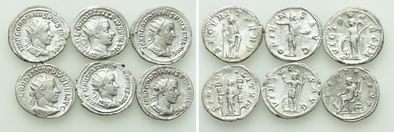 6 Antoniniani of Gordianus III. 

Obv: .
Rev: .

. 

Condition: See pictu...