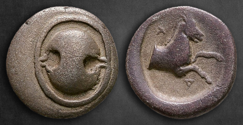 Boeotia. Tanagra circa 400-350 BC. 
Obol AR

10 mm, 0,81 g

 Boiotian shiel...
