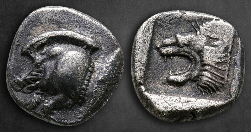 Mysia. Kyzikos circa 525-475 BC. 
Diobol AR

10 mm, 1,28 g

Forepart of boa...