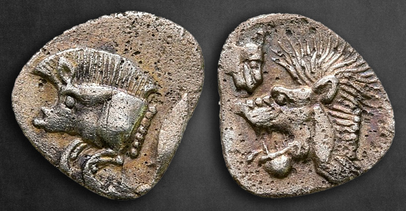Mysia. Kyzikos circa 525-475 BC. 
Hemiobol AR

10 mm, 0,28 g

Forepart of b...