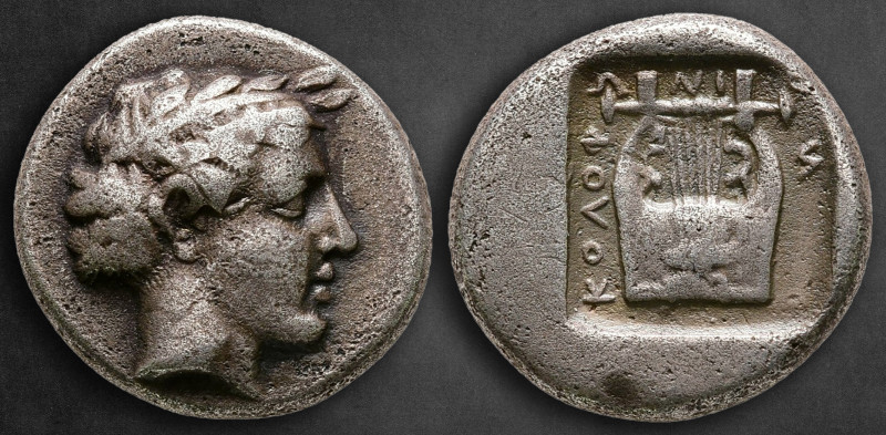 Ionia. Kolophon circa 410-400 BC. 
Drachm AR

16 mm, 5,30 g

Laureate head ...