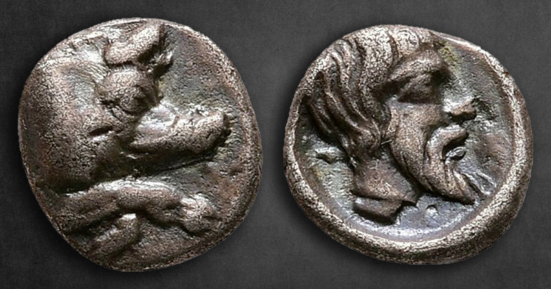 Caria. Euromos circa 400-350 BC. 
Hemiobol AR

8 mm, 0,52 g

Forepart of a ...