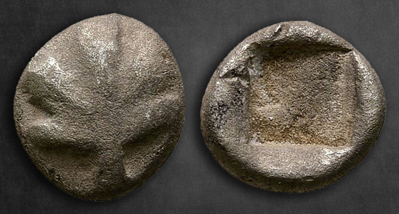 Caria. Kamiros circa 500-460 BC. 
Obol AR

7 mm, 0,55 g

Fig leaf / Incuse ...