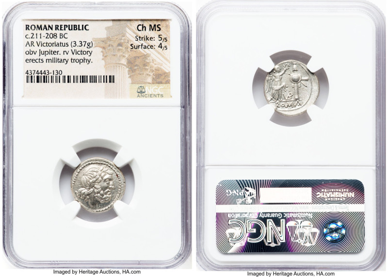 Anonymous (ca. 211-208 BC). AR victoriatus (17mm, 3.37 gm, 6h). NGC Choice MS 5/...