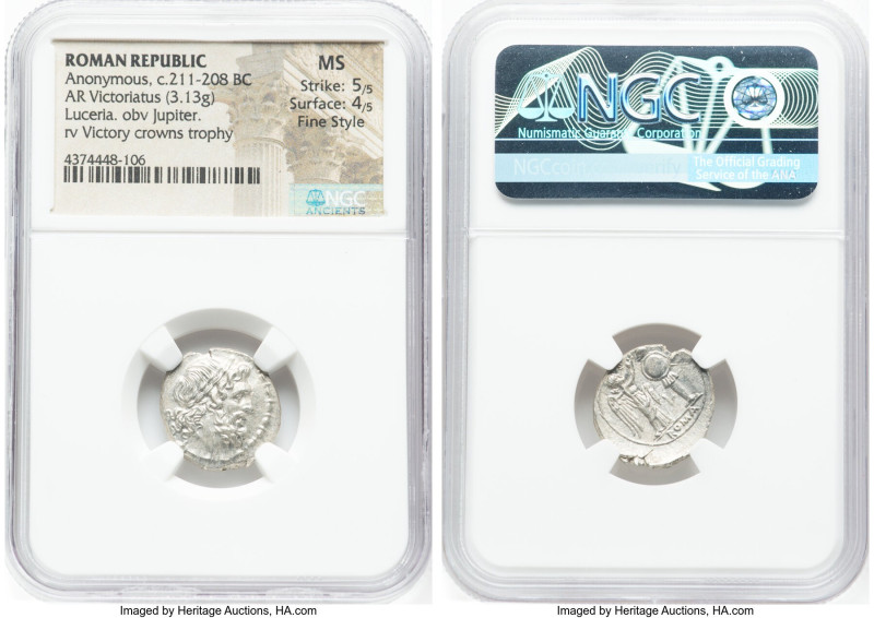 Anonymous (ca. 211-208 BC). AR victoriatus (18mm, 3.13 gm, 10h). NGC MS 5/5 - 4/...