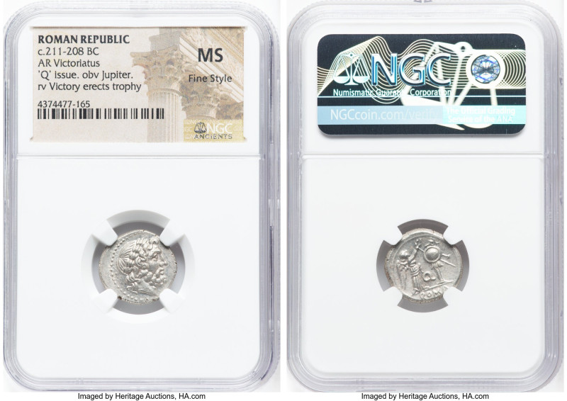 Anonymous (ca. 211-208 BC). AR victoriatus (17mm, 11h). NGC MS, Fine Style. Apul...