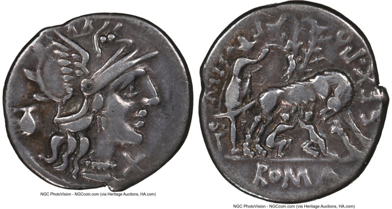 Sextus Pomponius Fostlus (ca. 137 BC). AR denarius (20mm, 3.78 gm, 4h). NGC VF 5...