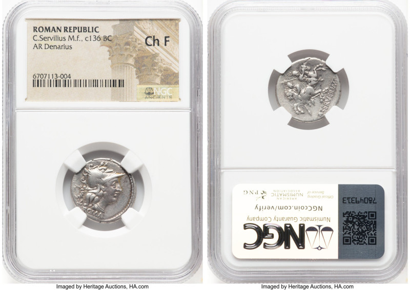 C. Servilius M.f. (ca. 136 BC). AR denarius (20mm, 4h). NGC Choice Fine. Rome. R...