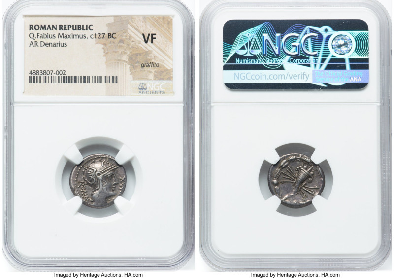 Q. Fabius Maximus (ca. 125 BC). AR denarius (18mm, 2h). NGC VF, graffito. Rome. ...