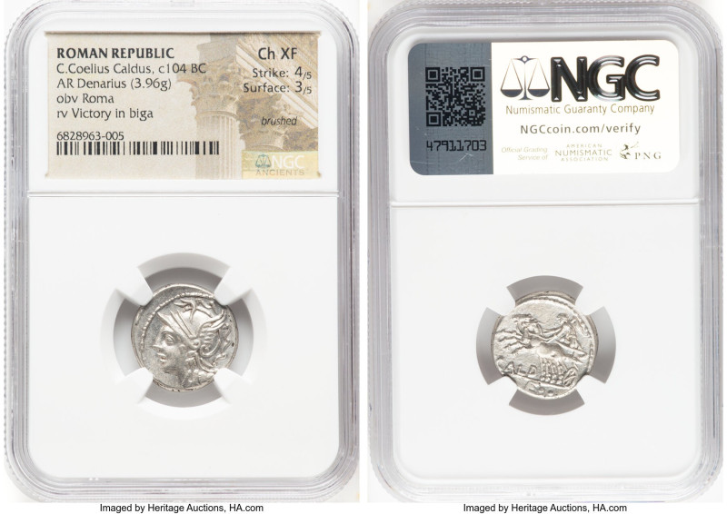 C. Coelius Caldus (ca. 104 BC). AR denarius (18mm, 3.96 gm, 1h). NGC Choice XF 4...