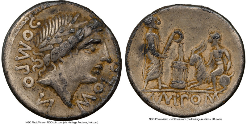 BARBAROUS ISSUE. L. Pomponius Molo (ca. 97 BC). AR imitative denarius (19mm, 3.6...