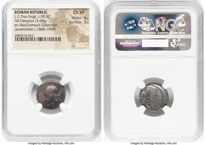 L. Calpurnius Piso Frugi (ca. 90 BC). AR denarius (18mm, 3.68 gm, 9h). NGC Choic...