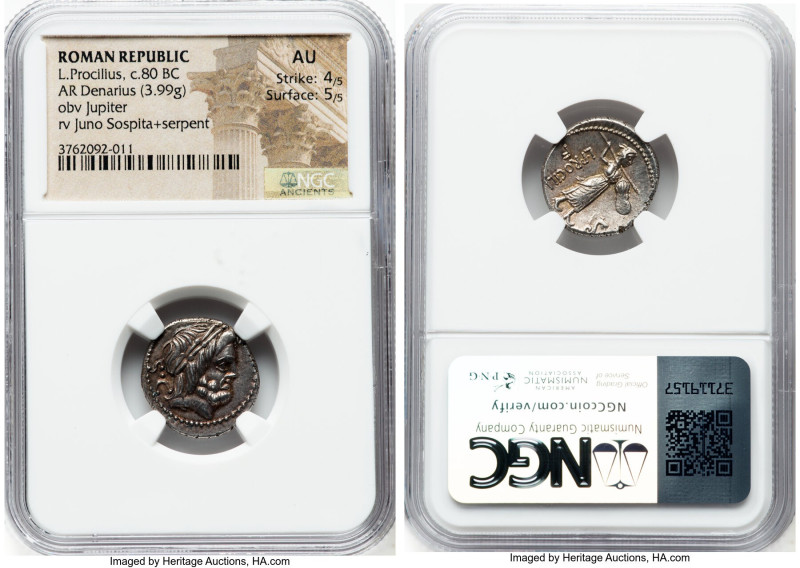 L. Procilius f. (ca. 80 BC). AR denarius (19mm, 3.99 gm, 8h). NGC AU 4/5 - 5/5. ...